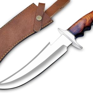 D2 Bowie Knife 13 Inch Fixed Blade Hunting Knife with Leather Sheath - Suitable for Outdoor, Bushcraft, Survival, and Camping Knife with Wood Handle
