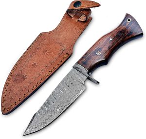 Handmade 10” Damascus Hunting Knife with Sheath - Fixed Blade Hunting Knives for Men, EDC Skinning Knife with Horizontal Carry Wood Handle Best for Survival, Camping & Outdoor