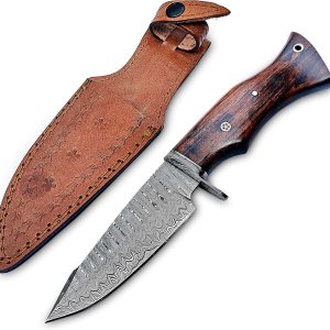 Handmade 10” Damascus Hunting Knife with Sheath - Fixed Blade Hunting Knives for Men, EDC Skinning Knife with Horizontal Carry Wood Handle Best for Survival, Camping & Outdoor
