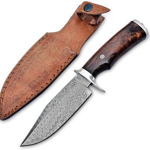 Damascus Hunting Knife Fixed Blade - 10 Inches Handmade Knife with Leather Sheath and Wood Handle - Perfect Camping, Outdoor & Skinning Knife for Men- Predator Hunter