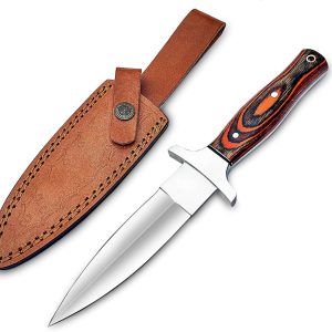 Handmade D2 Steel Dagger Knife, Hunting Knife Perfect Grip with Pakkawood Handle, Horizontal Carry Knife with Leather Sheath for Camping, Tactical, Survival