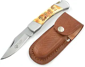 Stainless steel folding pocket knife with polished wooden handle displayed alongside a brown leather pouch on a white background.